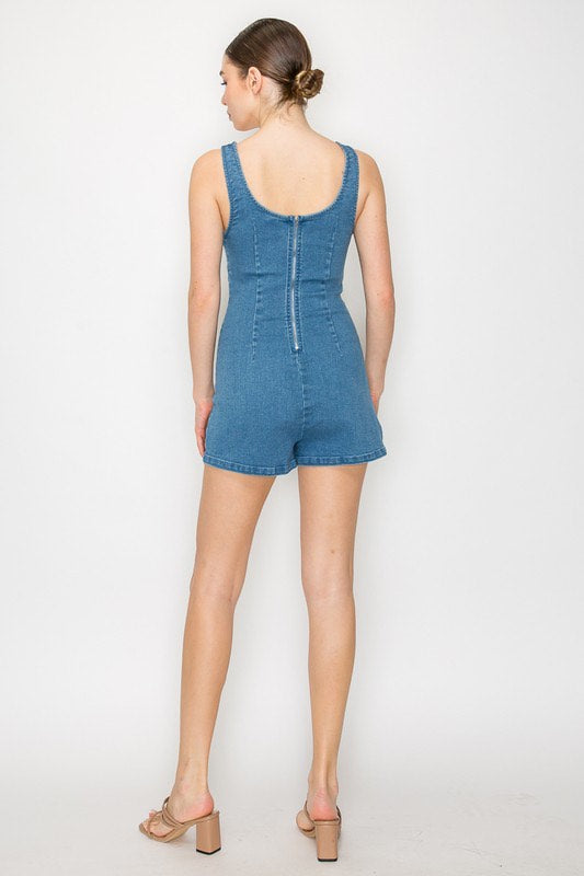 Denim Bustier Zip-up Mini Romper