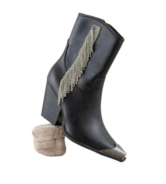 The Nat - Balck Rhinestone Fringe Booties